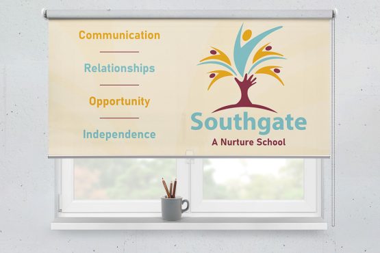 Educational printed roller blinds installed in a bright classroom environment